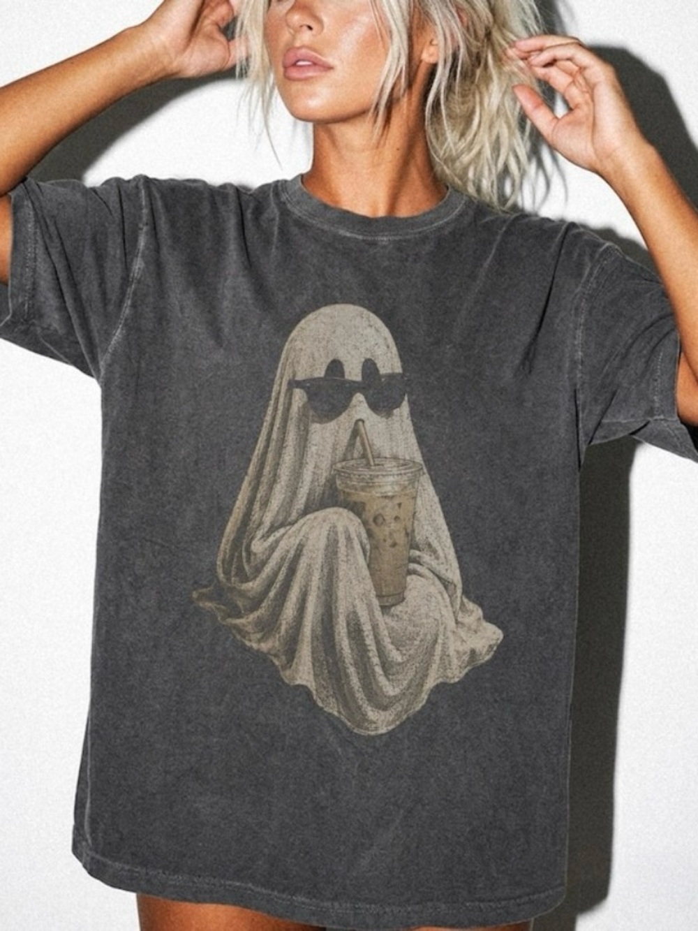 Ghost Drinking Coffee Comfort Colors Tee Retro Spooky Season Tshirt